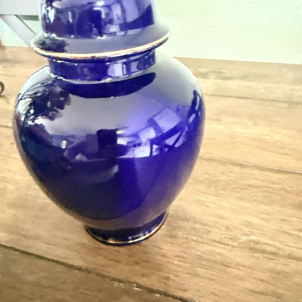 Vintage Cobalt Blue Porcelain Ginger Jar Hand Painted Gold Trim Floral Bird Deco